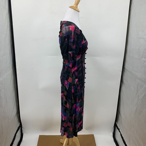 Plenty Tracy Reese Midi Dress XSP Petite Back Zip Round Buttons Puff Sleeve Geo - Picture 6 of 16